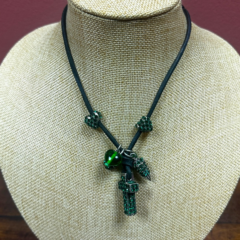 Otazu green crystal charms and cross in leather rope